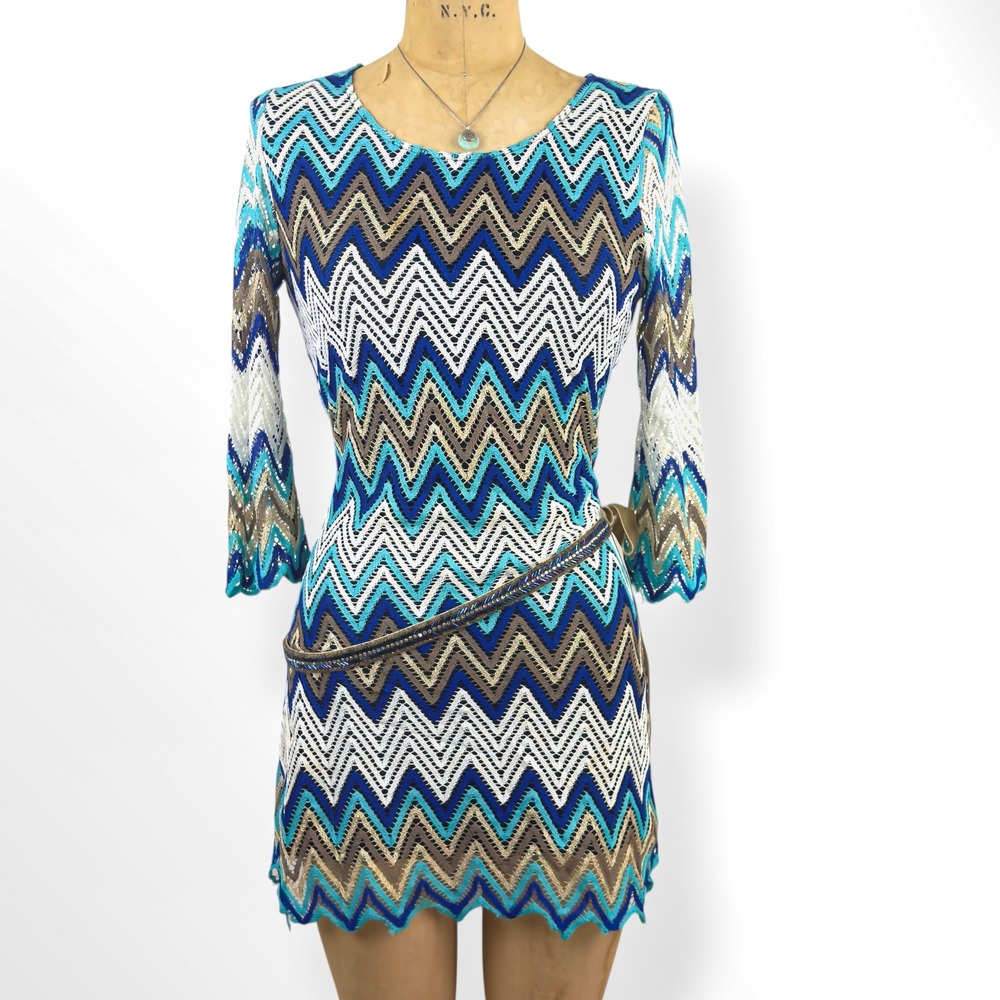 Y2K Size S Chevron Knit Dress Zig Zag 3/4 Bell Sleeve Retro Boho Coastal 70s
